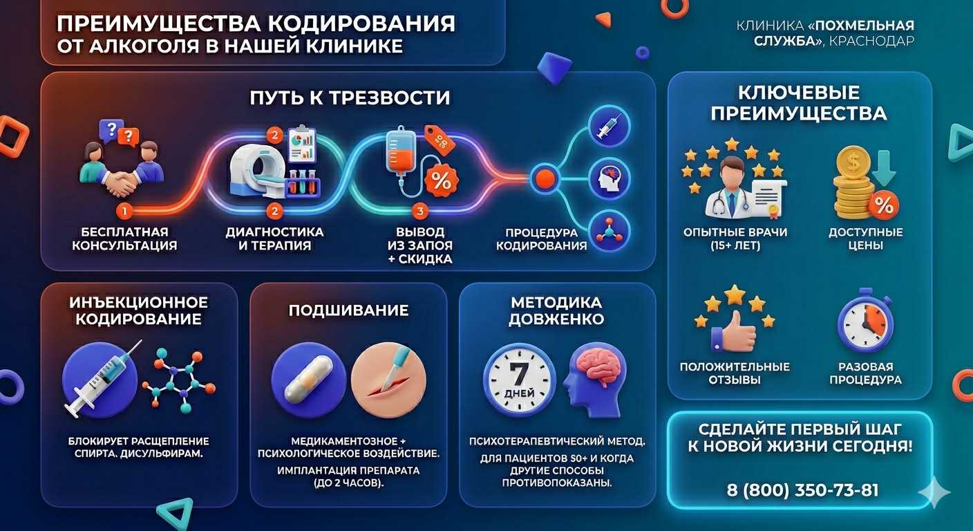 Инфографика о методах кодирования от алкоголя в Чебоксарах: инъекции, подшивание, метод Довженко. Преимущества клиники и этапы лечения.